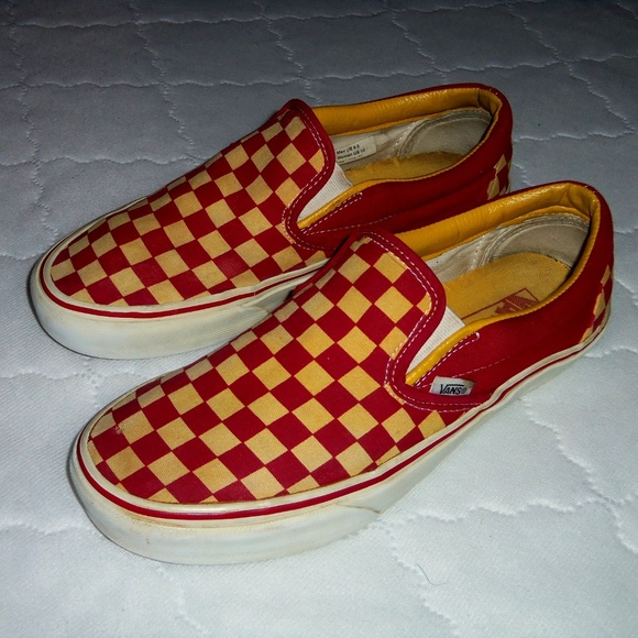 yellow checkered slip ons